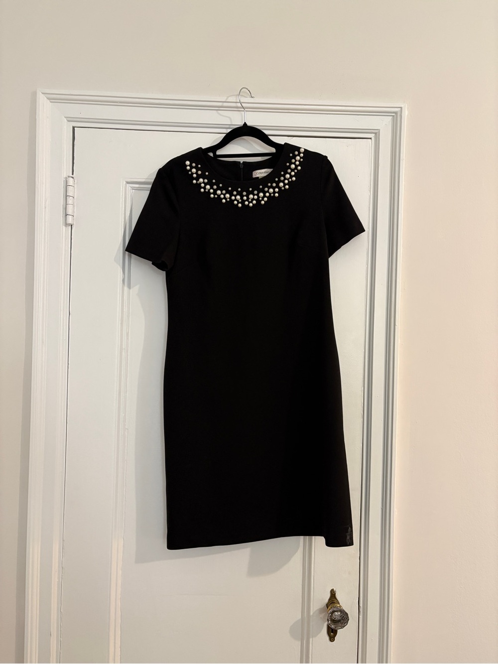 Calvin Klein Black Short Sleeve Dress with Pearl-Accent Neckline